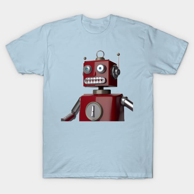 Red wide-eyed robot with grin T-Shirt by The Universal Saint